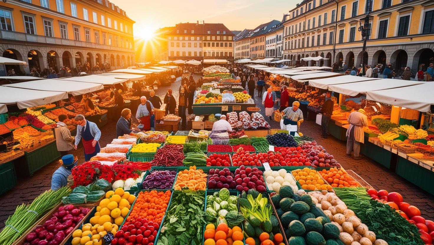 A busy open market at sunrise with many connected vendors and workflows